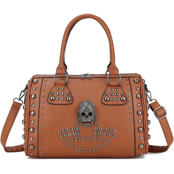 Women's Skull Handbag Large Gothic Shoulder Bag Studded Doctor Bag Brown - Picture 3 of 6